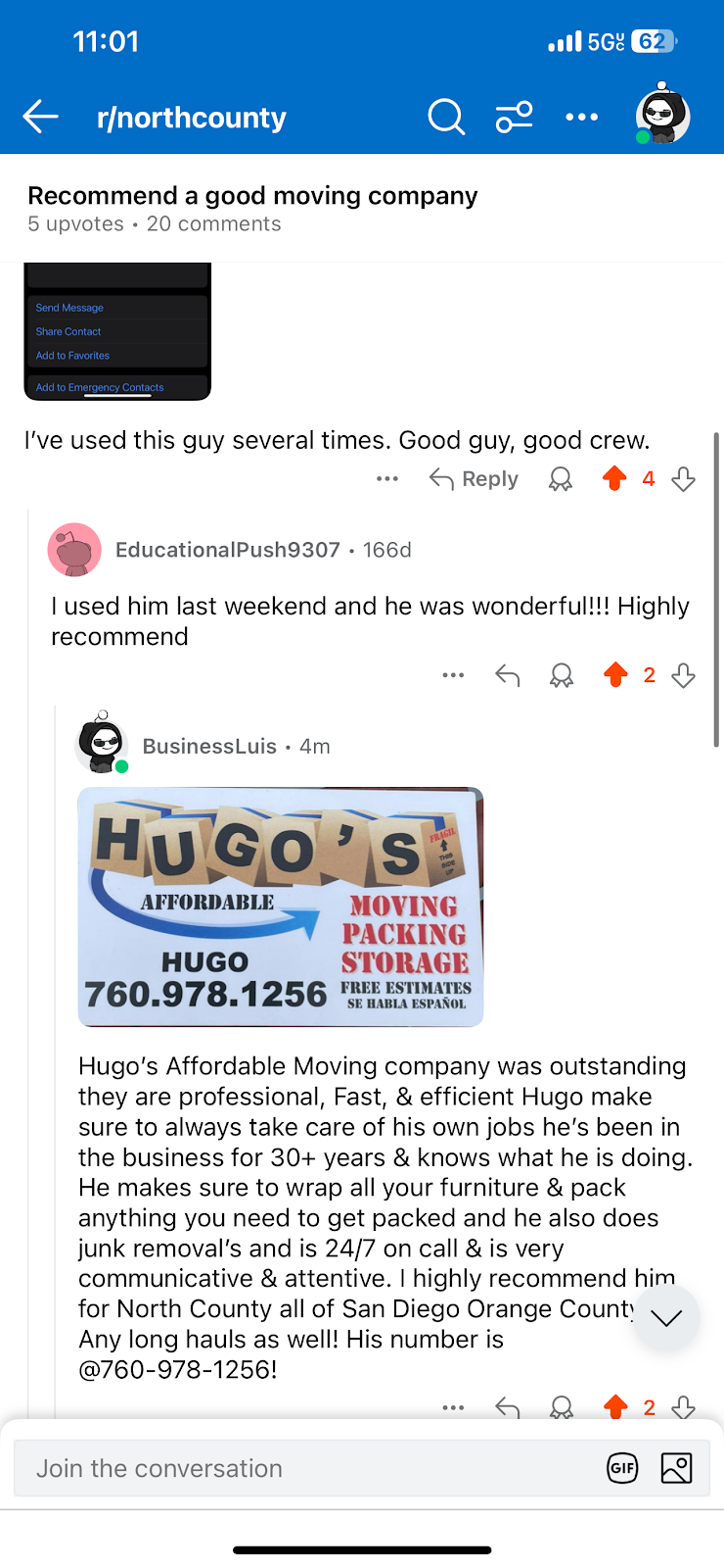  for Hugo’s Affordable Moving Labor in San Diego, CA