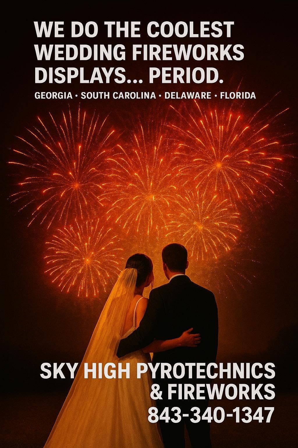  for Sky High Pyrotechnics & Fireworks delivers professional, high-impact fireworks displays for weddings, events, holidays, and celebrations across South Carolina. We create safe, custom sky shows with brilliant color, powerful effects, and unforgettable finales. Serving Myrtle Beach, Charleston, Columbia, and surrounding areas, we deliver safe, custom pyrotechnic shows in Horry County, SC