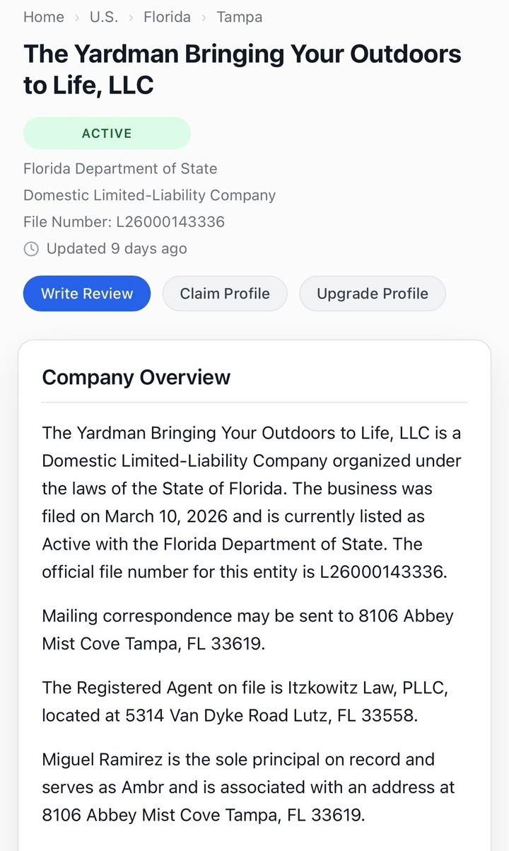  for The Yardman in Tampa, FL