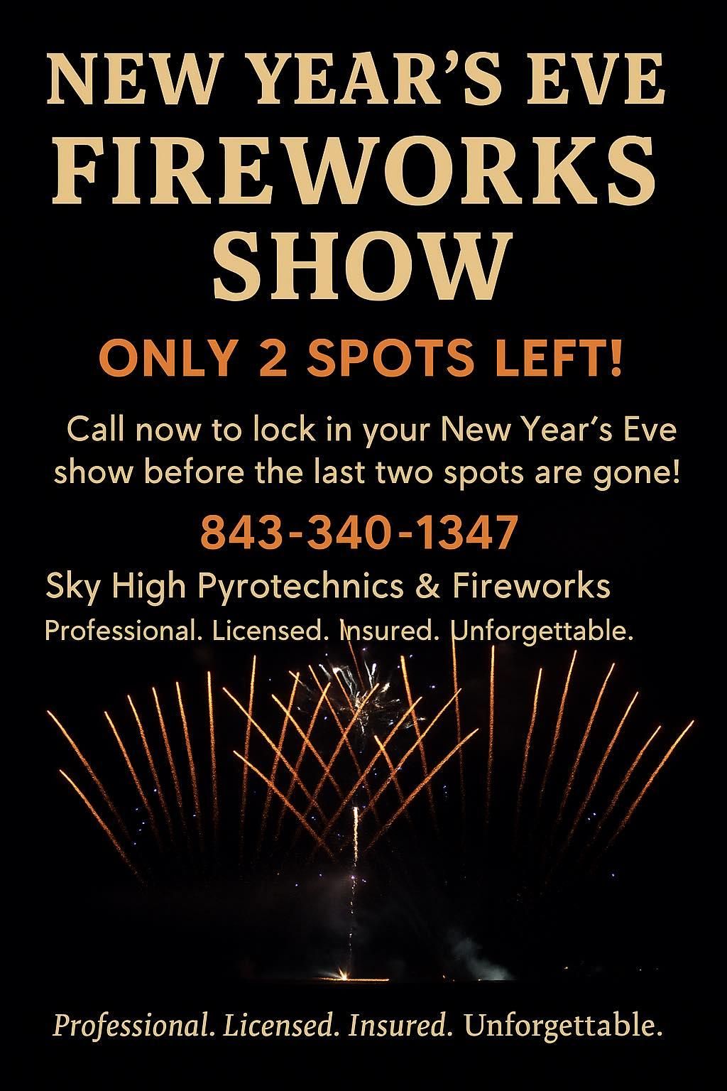  for Sky High Pyrotechnics & Fireworks delivers professional, high-impact fireworks displays for weddings, events, holidays, and celebrations across South Carolina. We create safe, custom sky shows with brilliant color, powerful effects, and unforgettable finales. Serving Myrtle Beach, Charleston, Columbia, and surrounding areas, we deliver safe, custom pyrotechnic shows in Horry County, SC