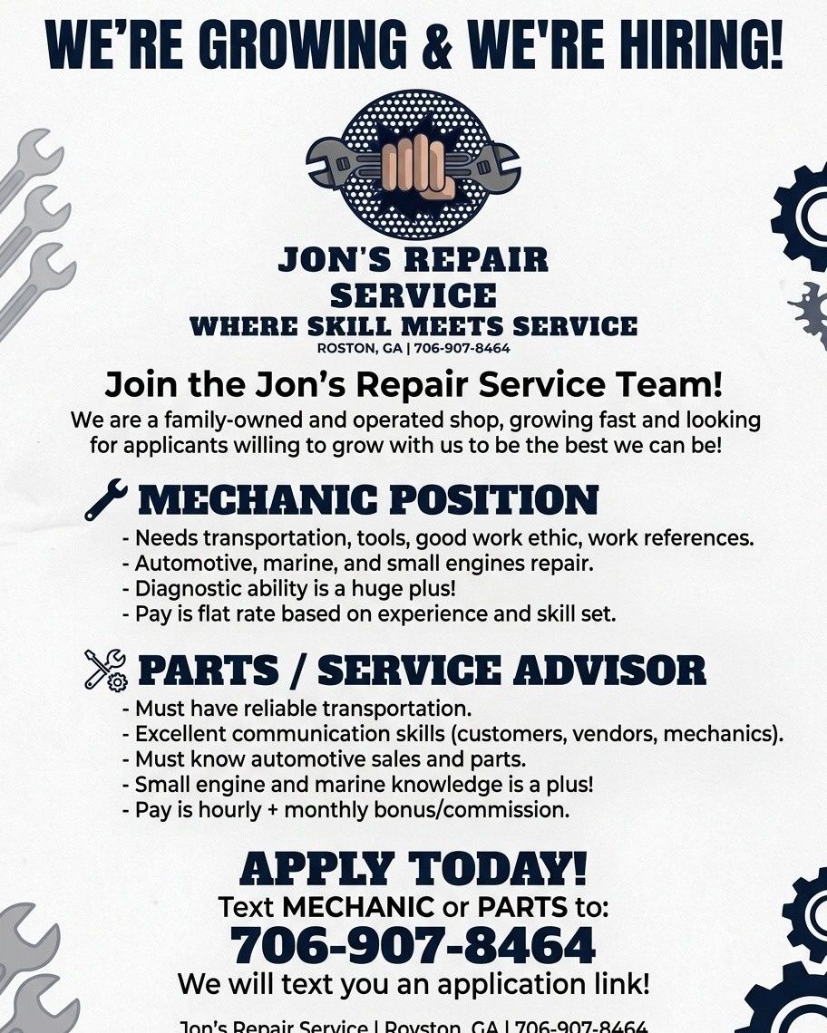  for Jon's Repair Service in Elberton, GA