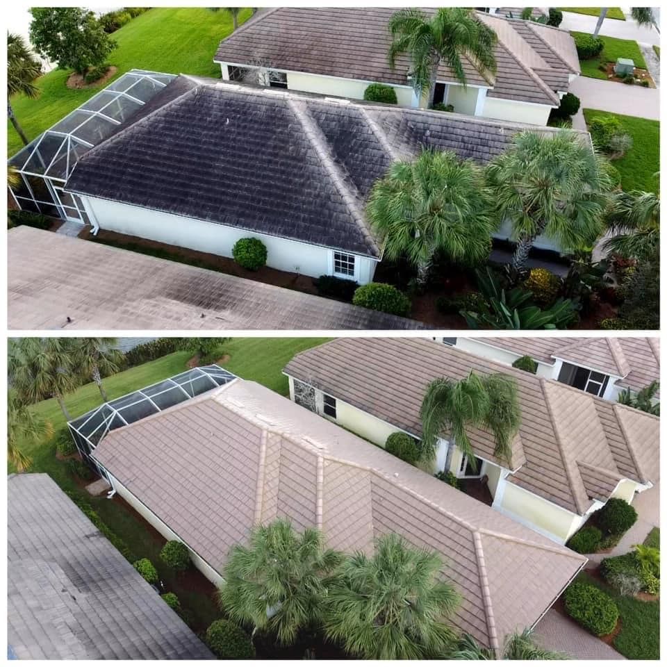 We specialize in no-walking softwash roof cleaning. This includes a low-pressure application of our roof cleaning solution with a FREE cleaning of your gutters, soffits, fascia and full exterior wash-down before, during and after roof clean.  Contact us today to learn more!  for Brightside Exterior Cleaning in Cape Coral, FL
